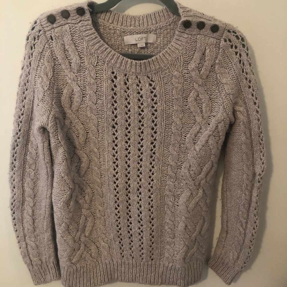 LOFT oatmeal cable knit sweater with button detail